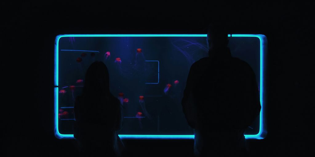 a couple of people standing in front of a tv