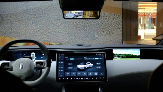 the interior of a car with a display of a car's dashboard