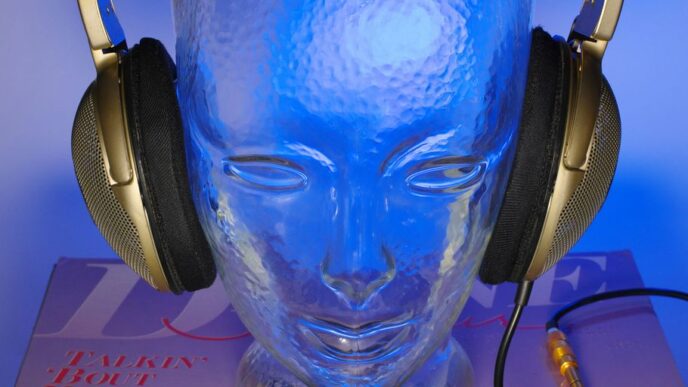 a glass head with headphones on top of it