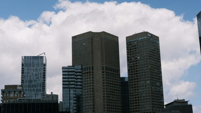 A group of tall buildings in a city
