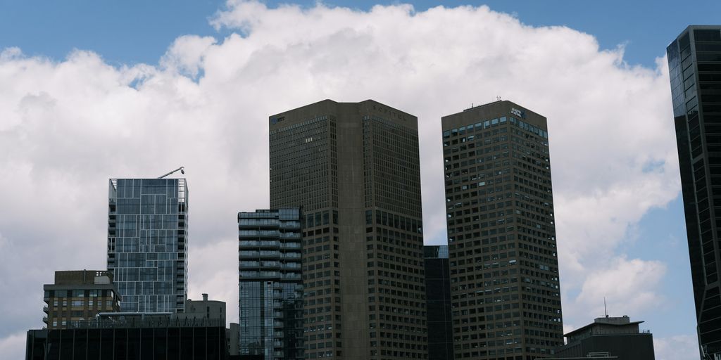 A group of tall buildings in a city
