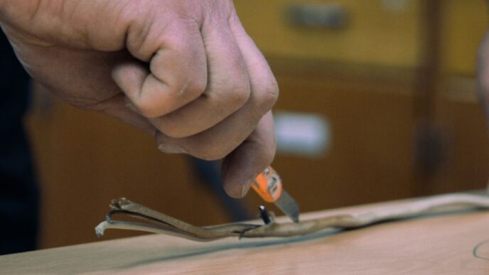 a man is cutting a piece of wood with a pair of scissors