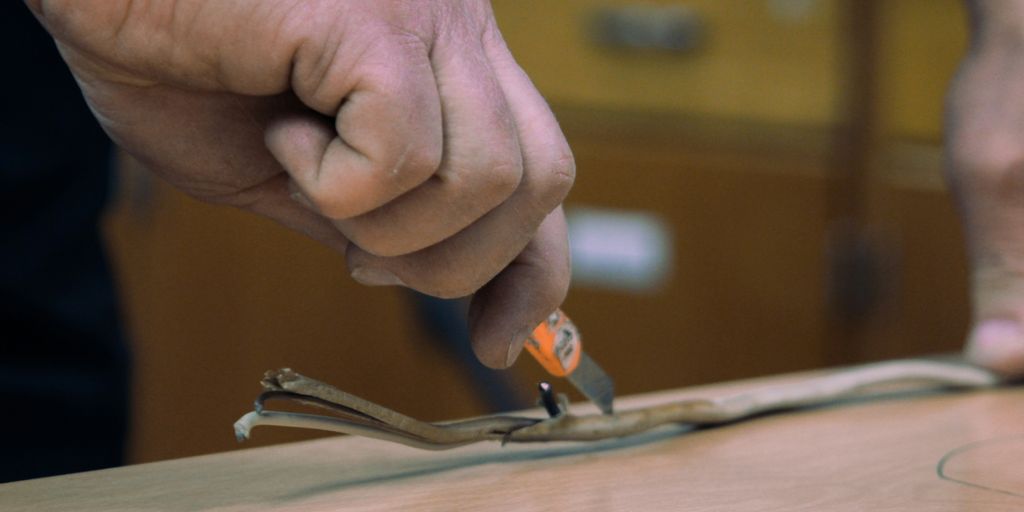 a man is cutting a piece of wood with a pair of scissors