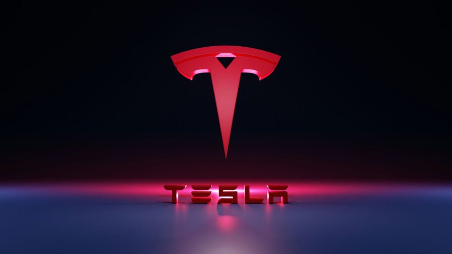 a red logo with a black background