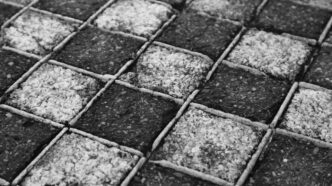 a black and white photo of a cobblestone road