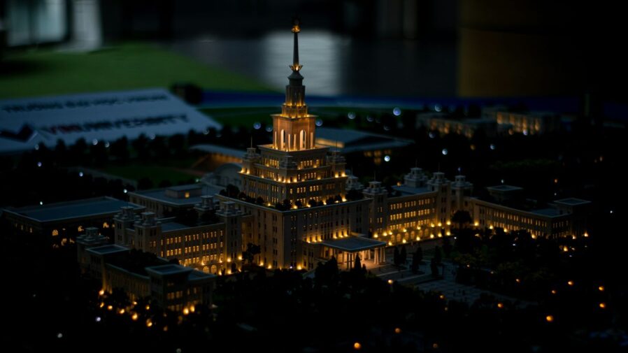 a model of a building lit up at night