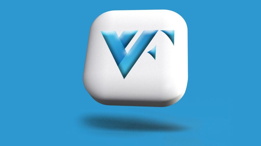 a white square button with a blue v on it