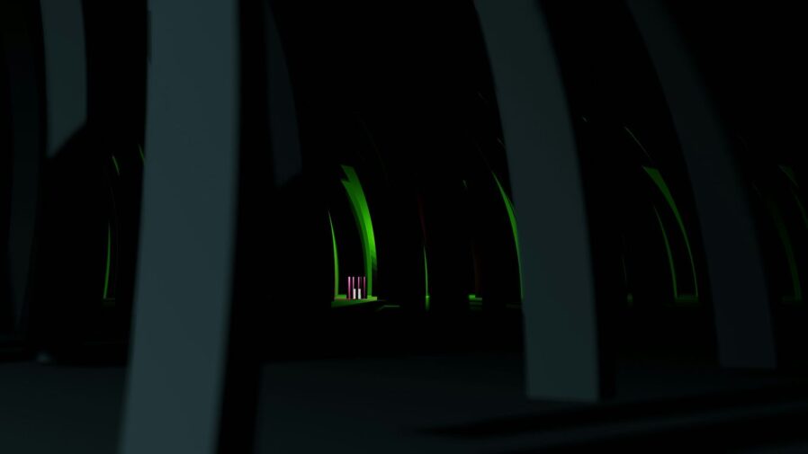 a room filled with white columns and green lights