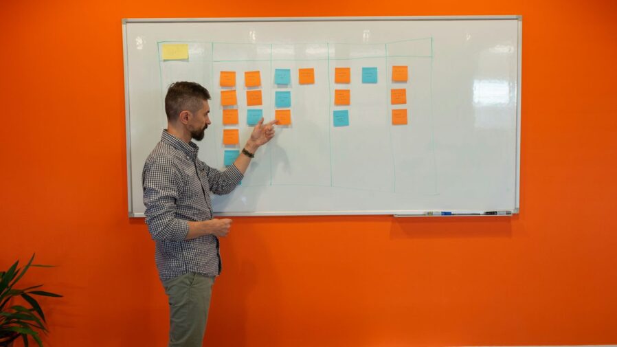 a man standing in front of a white board