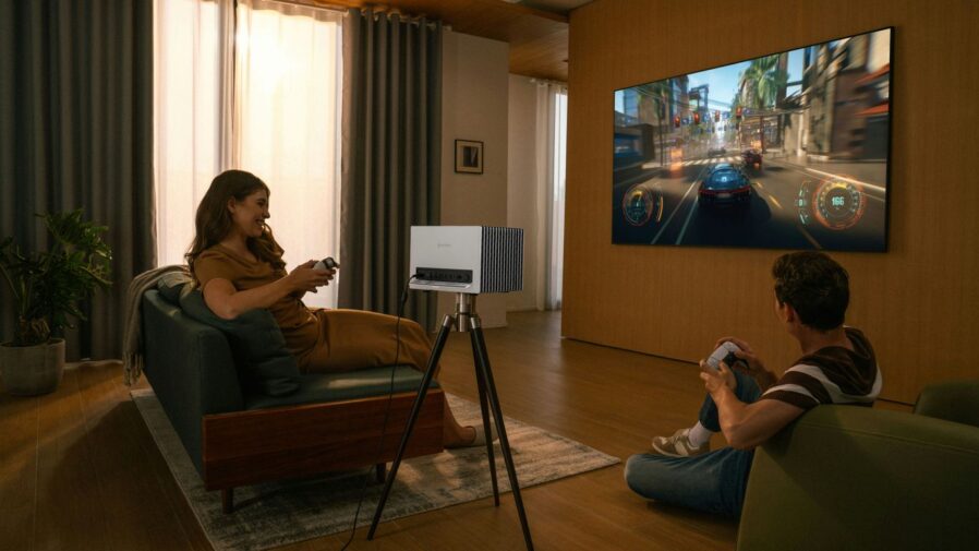 People enjoy gaming on a projected screen.