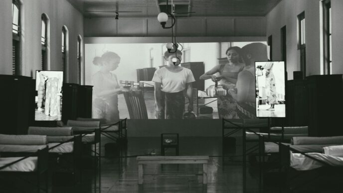 a black and white photo of people in a room