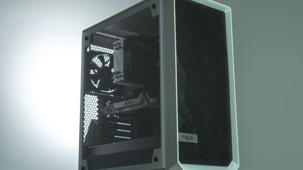 a computer tower with a black screen