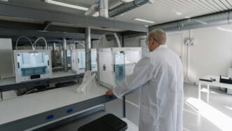 man in white laboratory gown standing near white and black machine