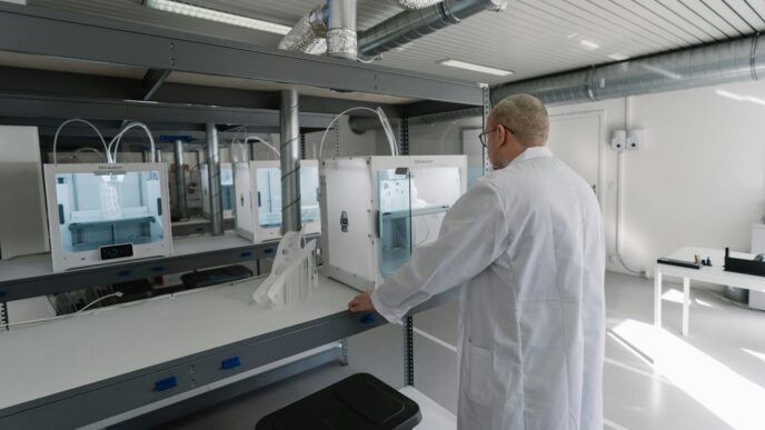 man in white laboratory gown standing near white and black machine