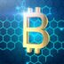 a golden bitcoin on a blue hexagonal background