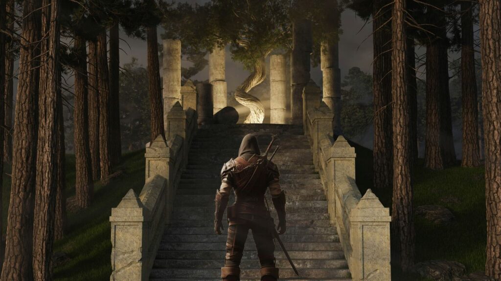 a man standing on top of a set of stairs