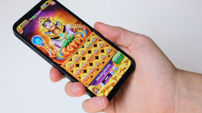 A hand holds a phone with an egyptian-themed game.