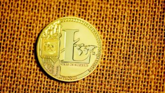 silver round coin on brown textile