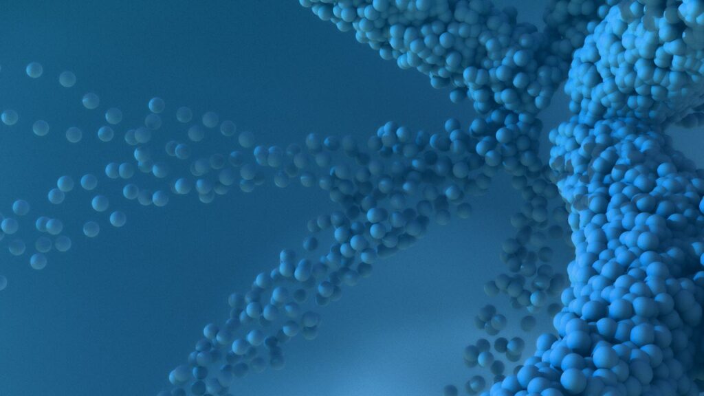 A close up of a blue and white background with bubbles