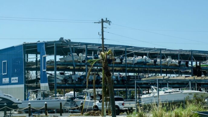 a boat yard with boats and a large building