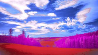 Vibrant, inverted colors illuminate the landscape and sky.
