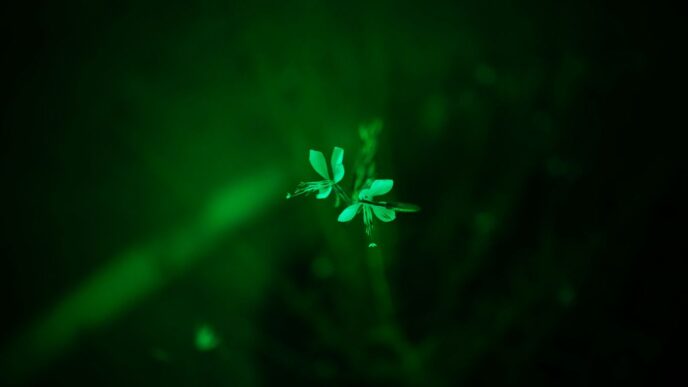 A blurry photo of a plant with a green light