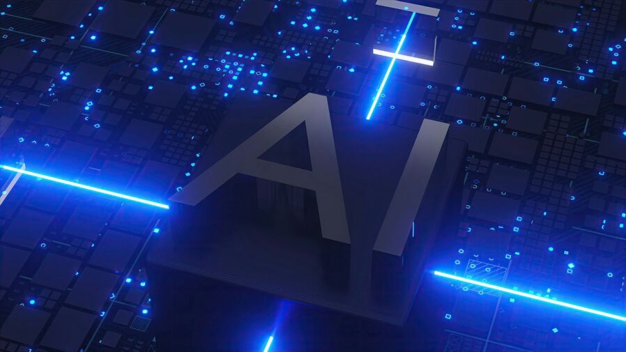 Ai text with glowing blue circuits and lights