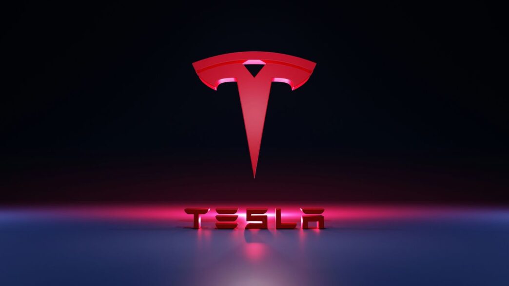 a red logo with a black background