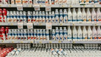 white and blue labeled bottles