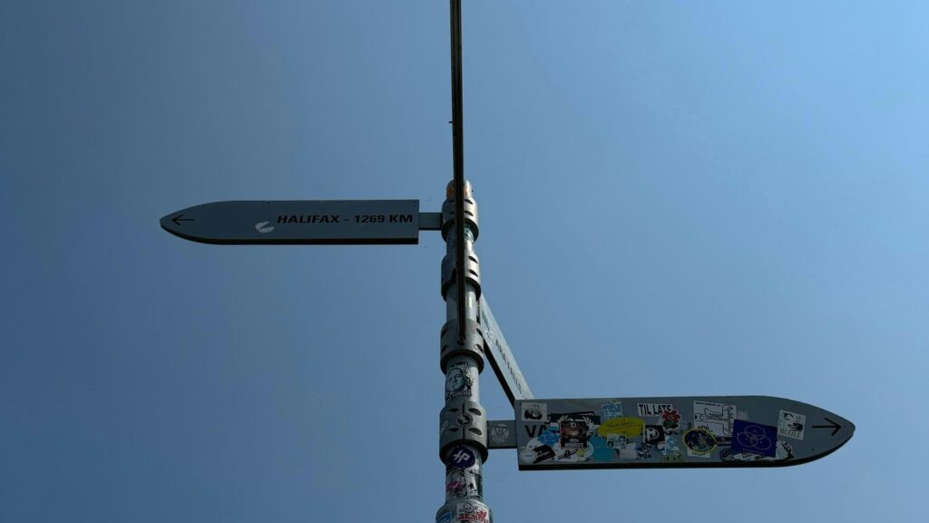 A plane flying in the sky with a lot of stickers on it