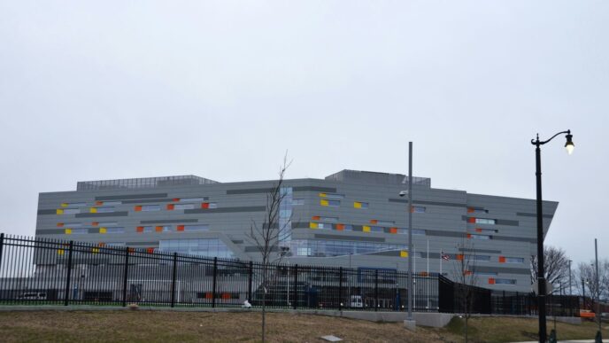 a large building with a lot of windows on the side of it