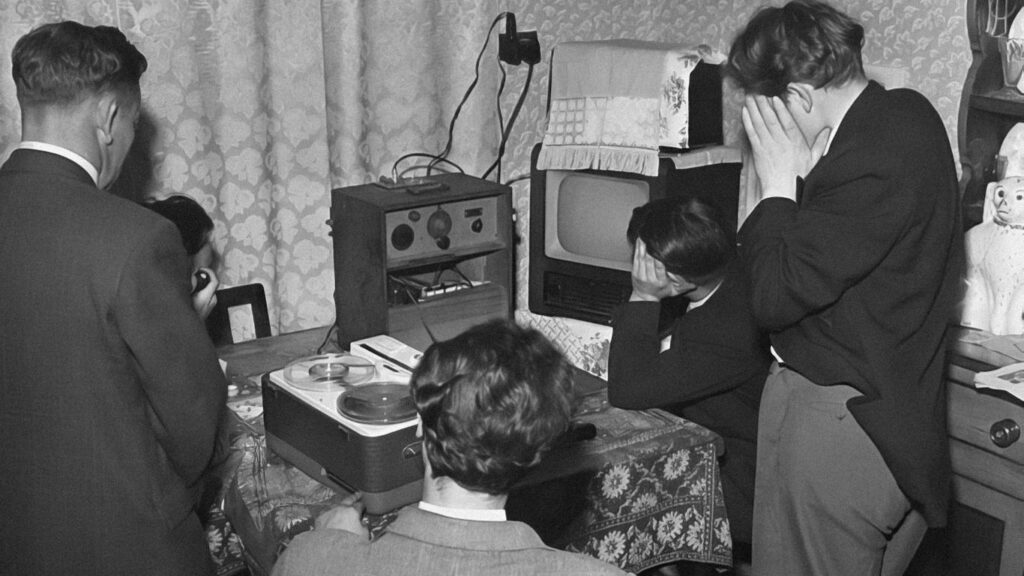 a black and white photo of people in a living room