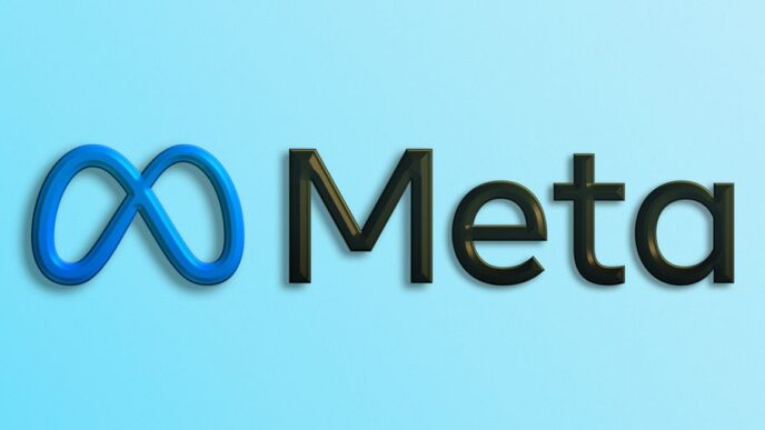 a blue and black logo with the word meta