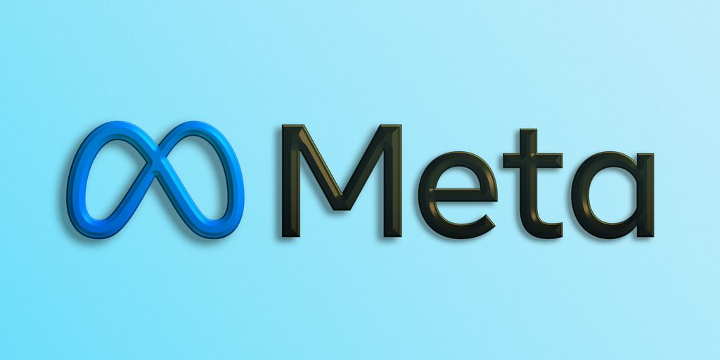 a blue and black logo with the word meta