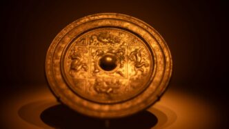 An ornate, ancient chinese bronze mirror.