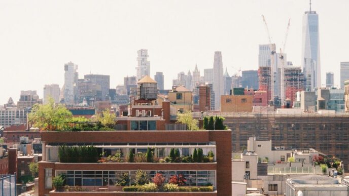 A new york city skyline view on a sunny day.
