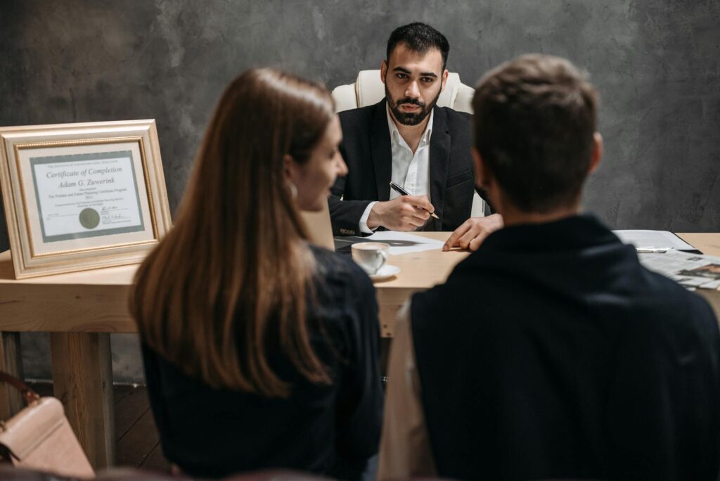 lawyer talking to clients