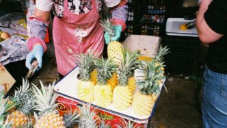 a woman in a pink apron and blue gloves standing next to a pile of pine