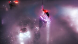 an aerial view of a city in the fog