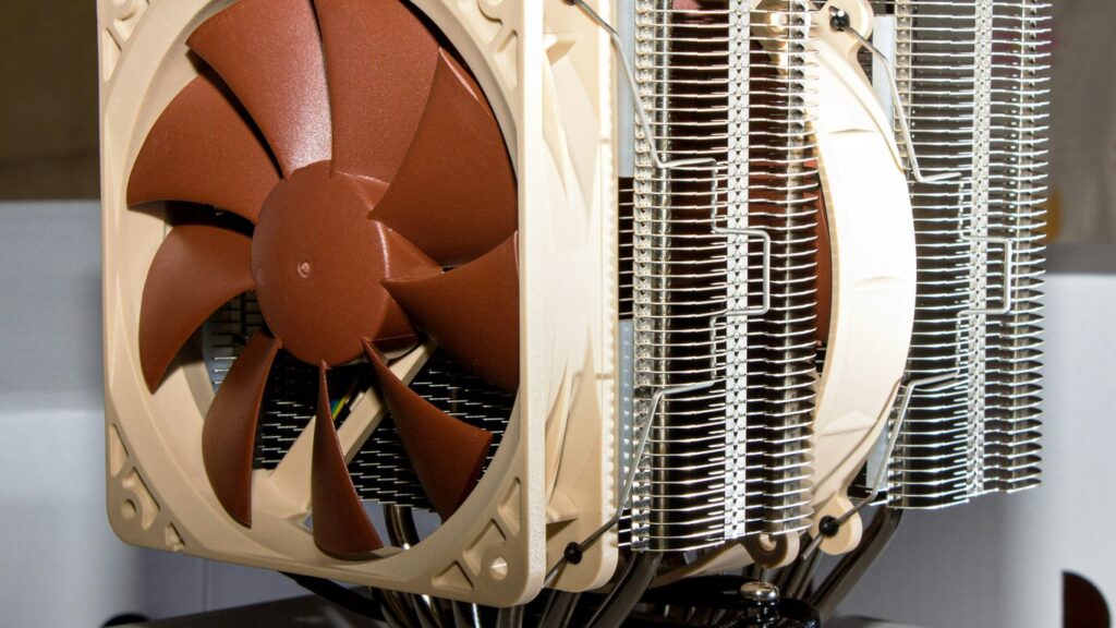 brown and white box fan