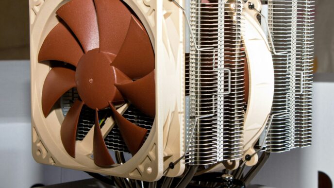 brown and white box fan
