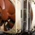 brown and white box fan
