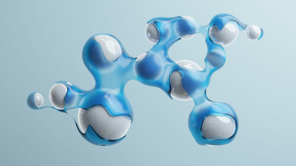 a blue and white object floating in the air