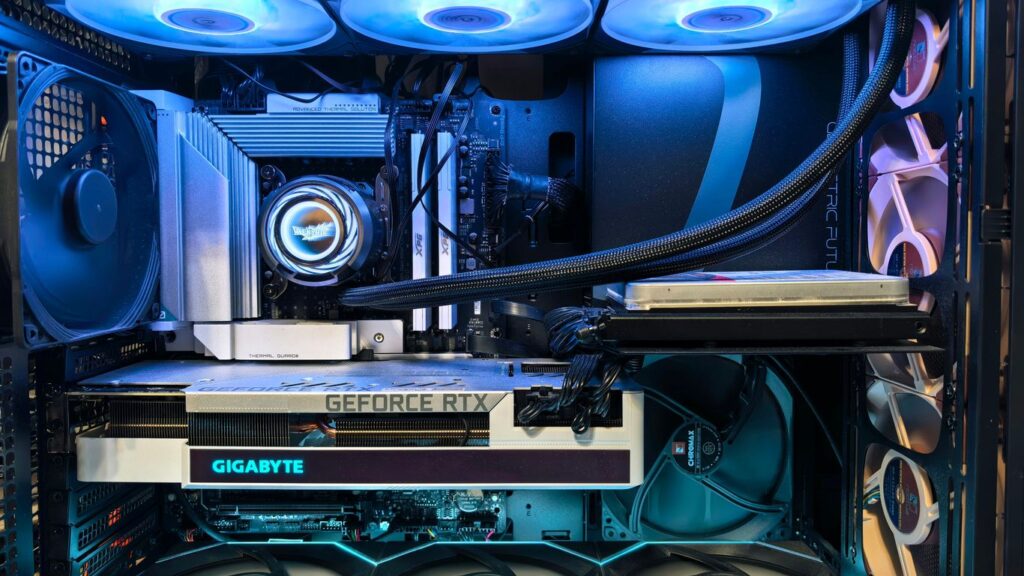 Custom computer build with blue led lighting