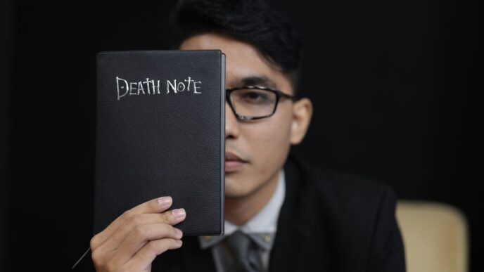 man in black suit holding black book
