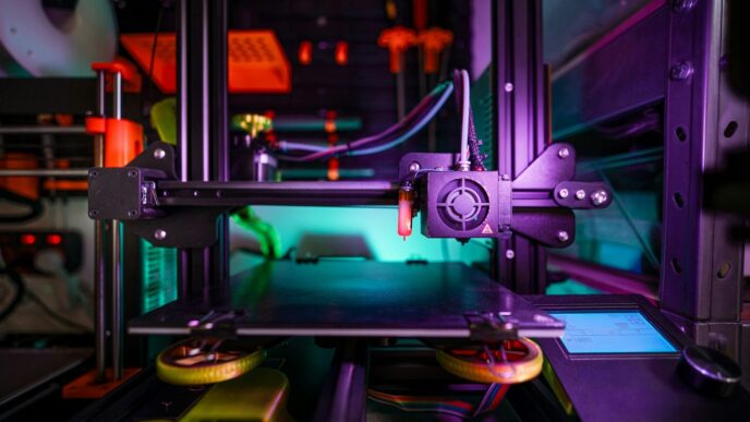 a purple and black 3d printer with wires