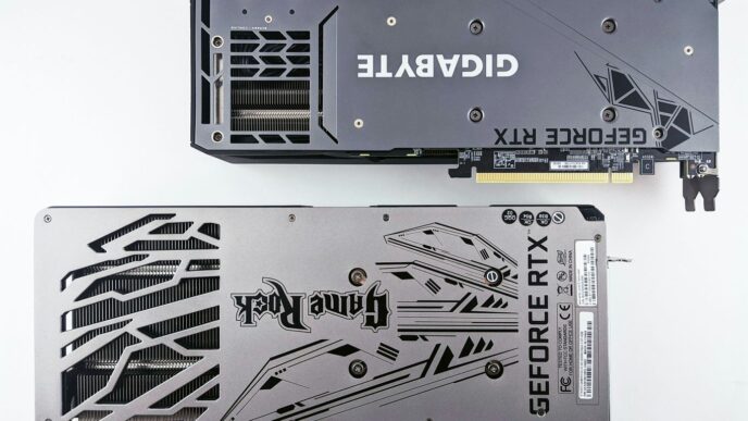 a close up of a graphics card on a white surface