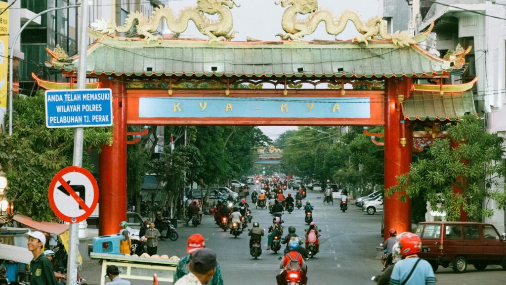 red and silver wooden archway