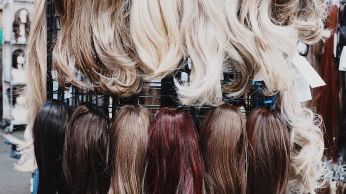 Wigs of various colors are displayed.