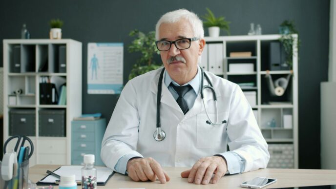 Doctor wearing a stethoscope at his desk
